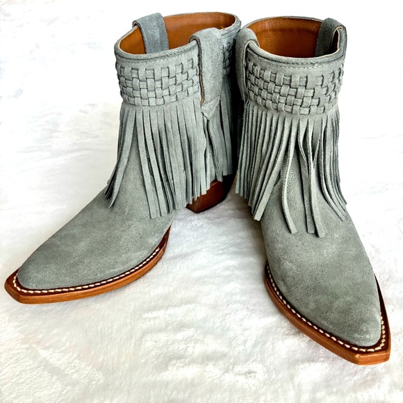 FRYE Steel Blue Suede Sacha Fringe Leather Western Bootie--NEW--7.5 - Picture 2 of 16